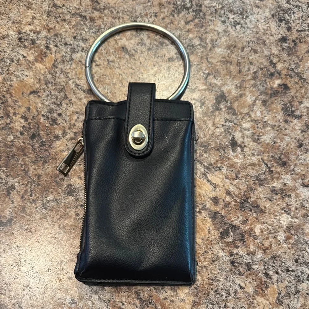 Black Leather Phone and Card Holder with Ring
